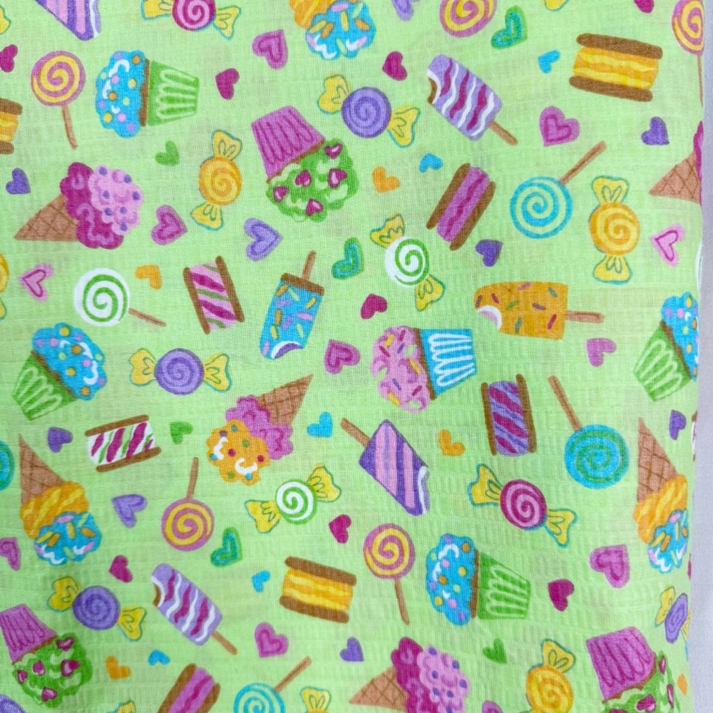 Colorful Vintage Candy Cupcakes Ice Cream Lime Green Fabric Remnant 2 Yds